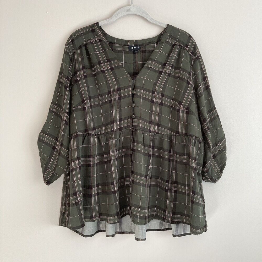 Torrid Womens Plus Green Pink Plaid Babydoll Popover Blouse Top Size 1 1X